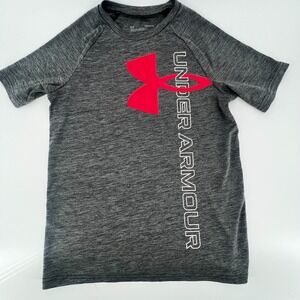 Under Armour Youth YLG Gray HeatGear Shirt Red Big Logo Athletic Tee